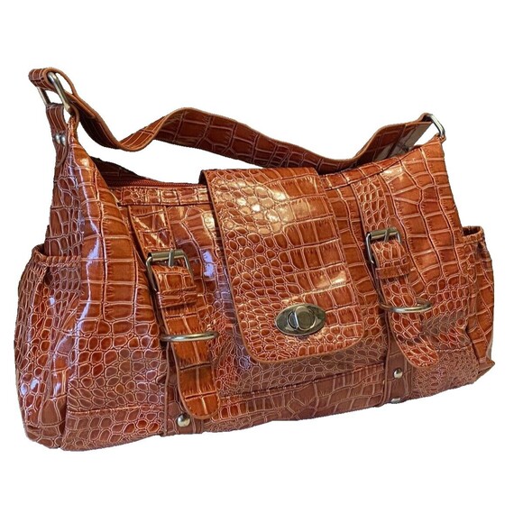 Orange Alligator Embossed Hobo Shoulder Bag Handbag Pockets Glossy Patent Finish - Picture 7 of 16